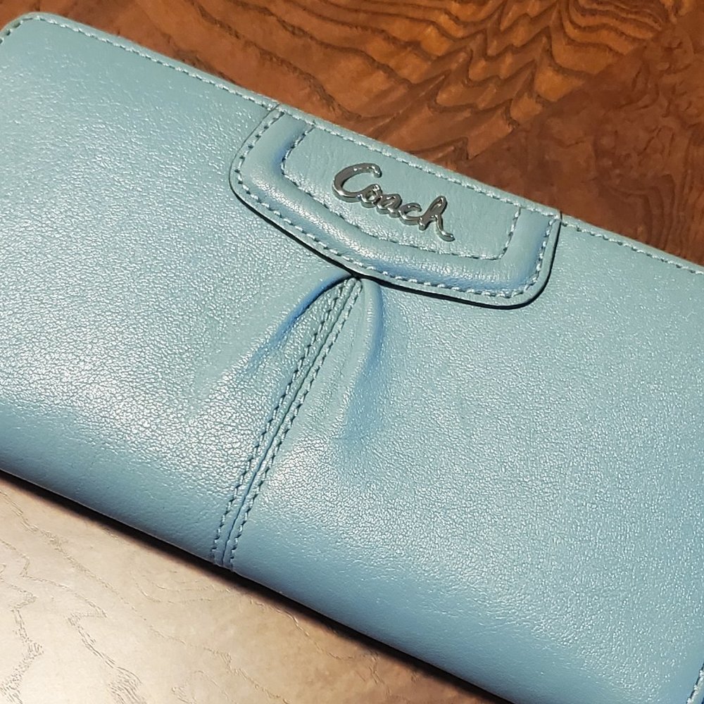 Robin's Egg Blue Coach Zippered Wallet with SO MANY LITTLE POCKETS